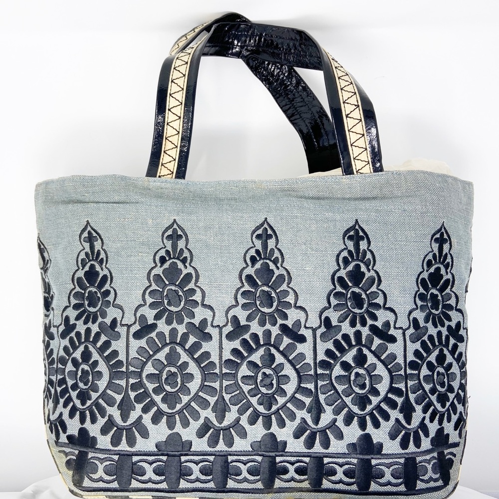 Plenty by Tracy Reese blue grey linen bag w/ black